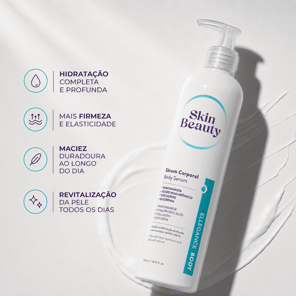 Benefícios do Sérum Corporal Hidratante Skin Beauty: ácido hialurônico e colágeno
